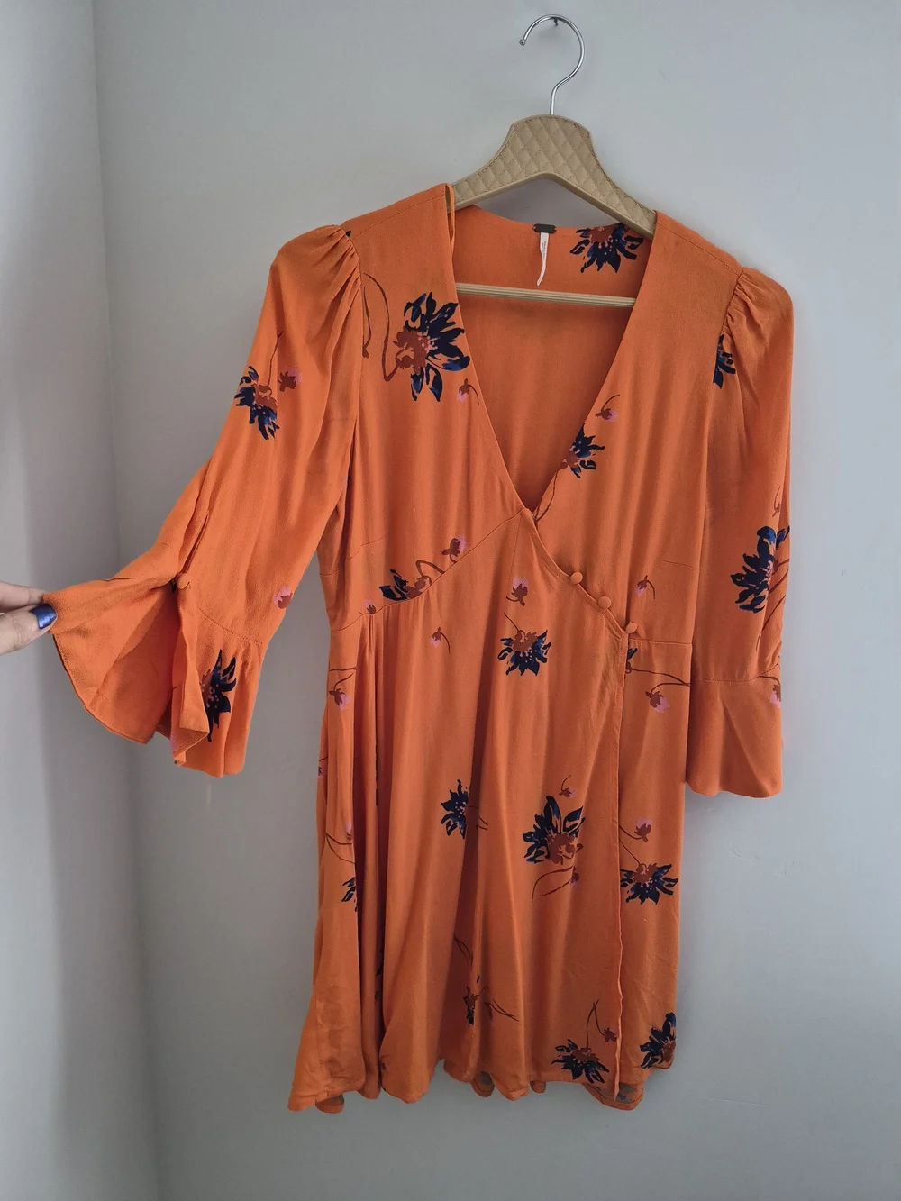 New Free People Orange Floral Wrap Front Bell Sleeve Swing Dress XS